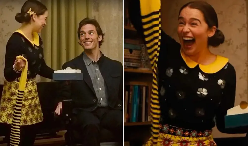 Emilia Clarke on stage in Me Before You, opening her gift: bee-patterned tights
