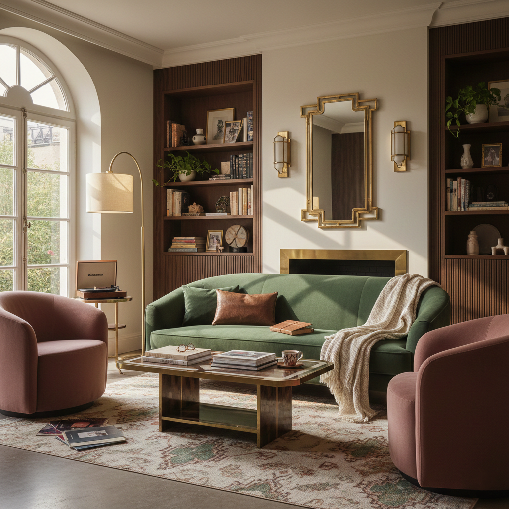 classic style living room, neodeco decor, gold tones, gold lamps