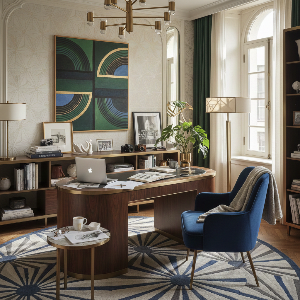 classic style office, neodeco decor, gold tones, gold lamps