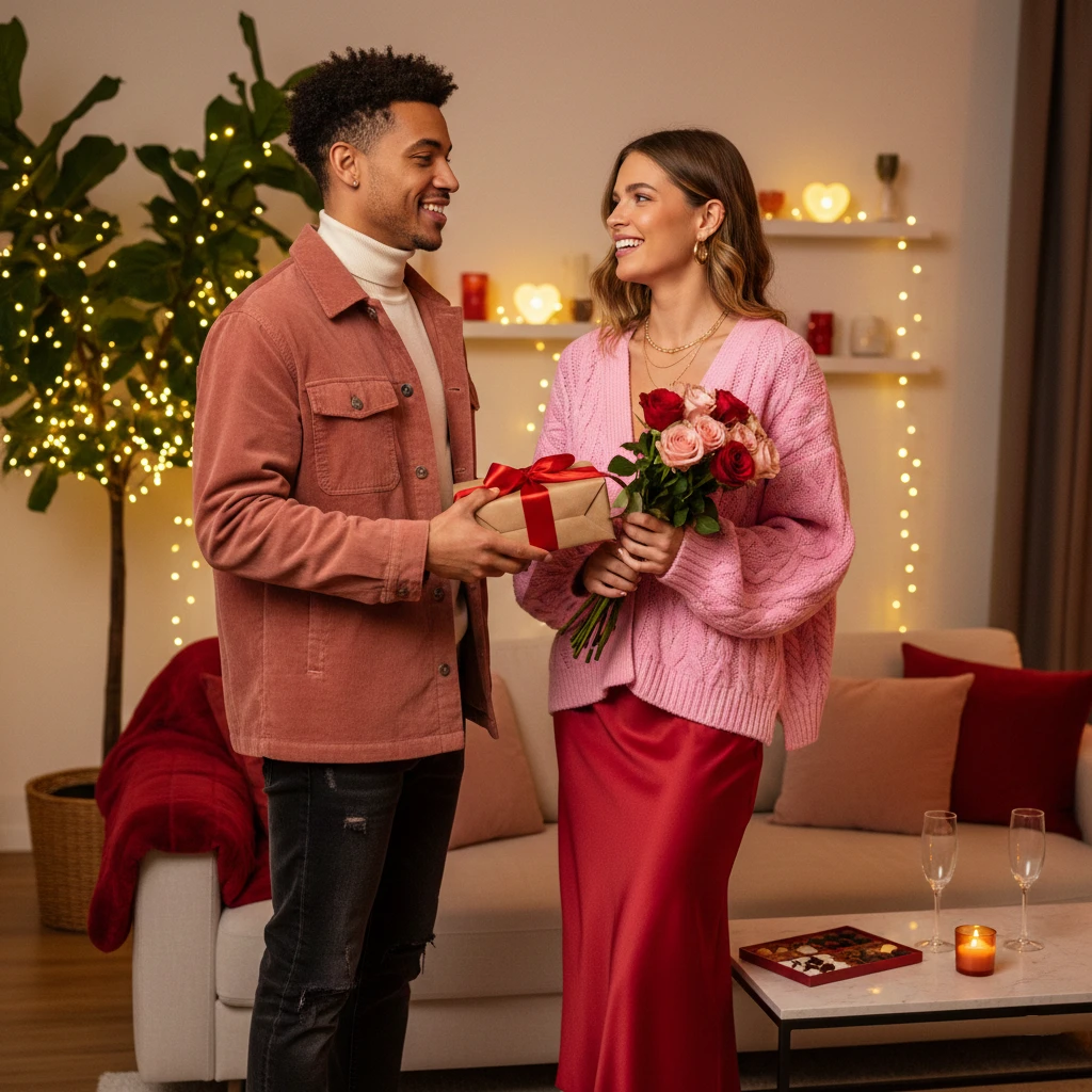 A couple celebrates Valentine's Day at home. A peaceful and pleasant atmosphere.