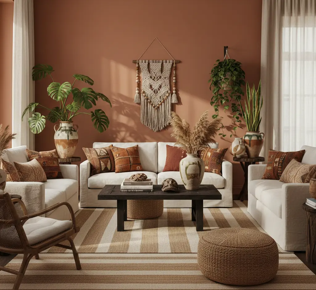 Living and dining room decorated with terracotta tones and natural fibers, ethnic print cushions