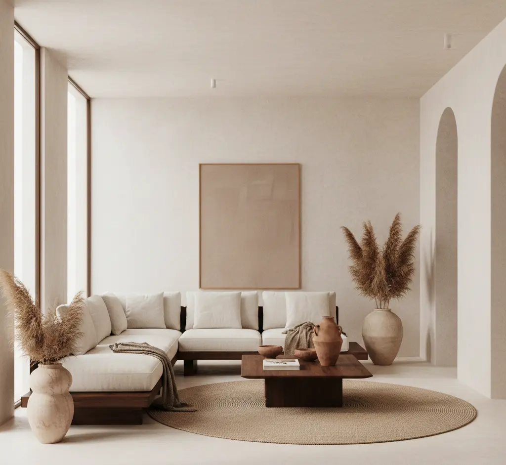 Modern living and dining room with handcrafted touches, light and white tones. White sofa and wooden table