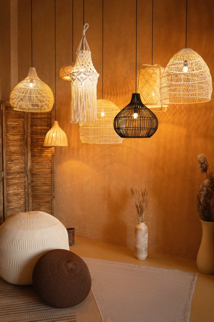 handcrafted lamps, with natural textures, warm light and a yellow wall
