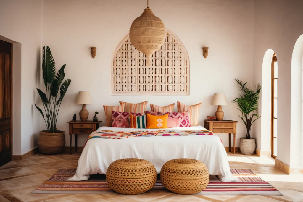 Afro bohemian style bedroom with earth tones, natural fibers and handcrafted decor