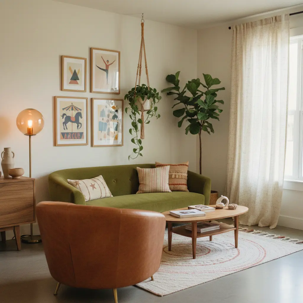 Eclectic living room, green sofa, plants, circus-style paintings. Relaxed atmosphere
