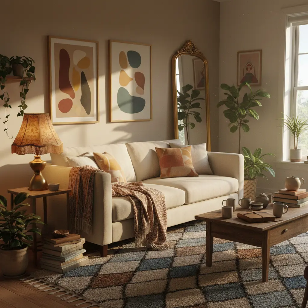 Relaxed living room with vintage circus-style decor, plants, a large mirror, paintings, and soft lighting