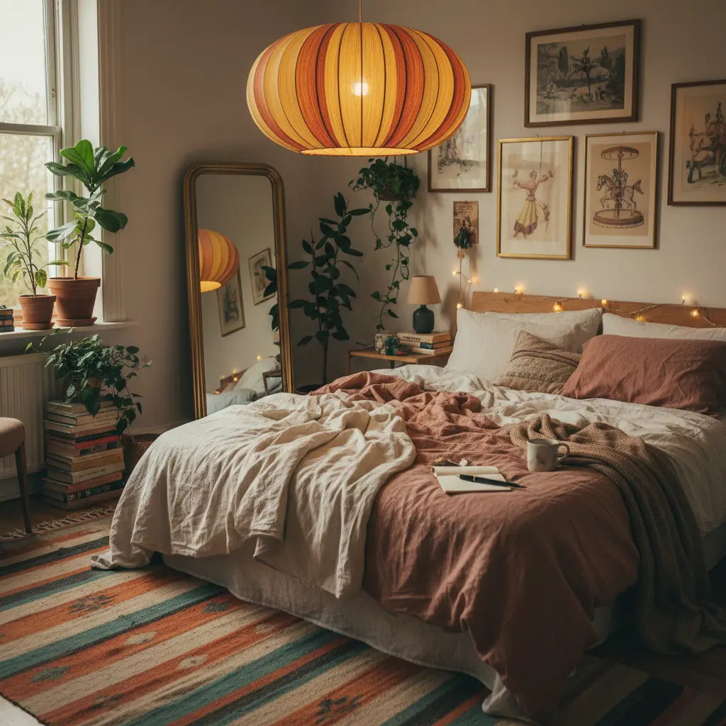 Room with eclectic decor, paintings and vintage circus-style lamp, dim lighting.
