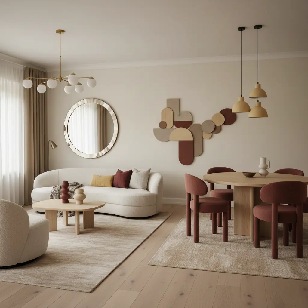 Living and dining room with organic elements, light-colored sofa and terracotta dining set