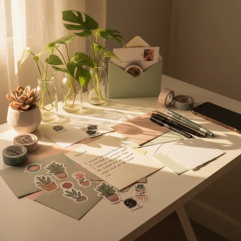Quiet desk with cards on it and plants. Pleasant atmosphere.