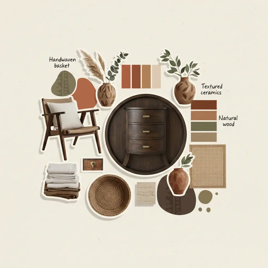 Mood board with colors, textures, furniture and style of the Afro bohemian trend