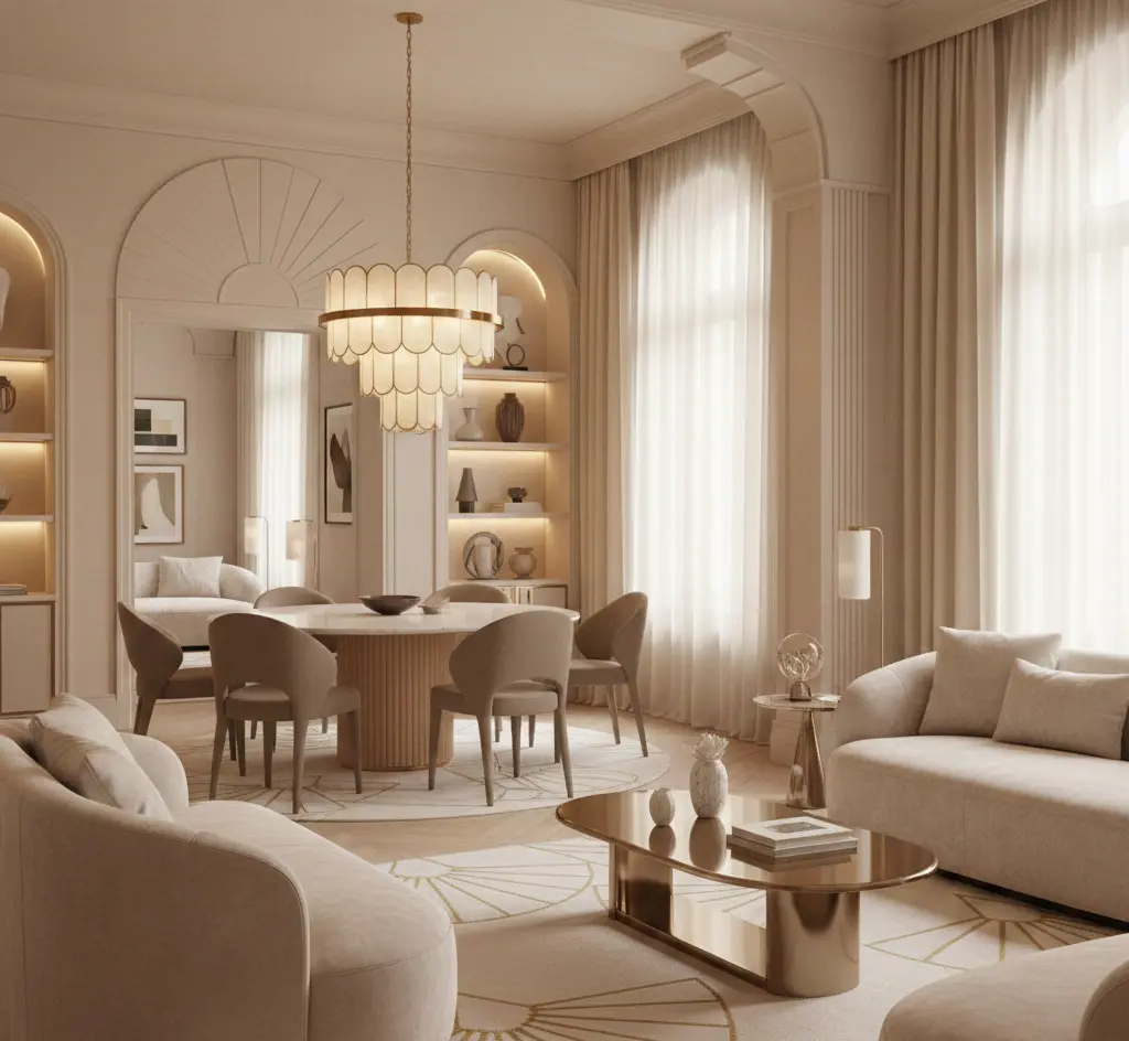 Living and dining room with organic elements, beige and gold tones. Light colors, warm lighting.