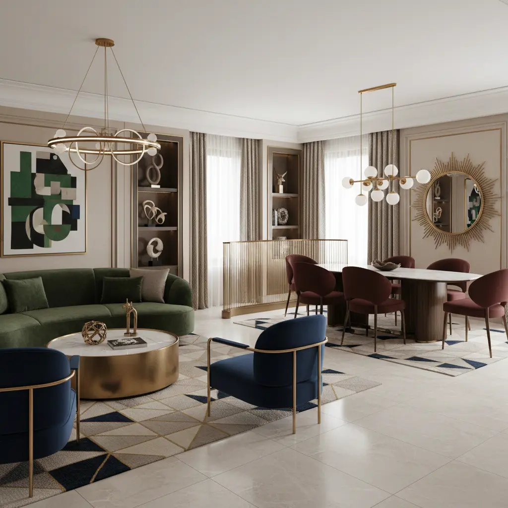 Living and dining room in a 1920s style, with gold accents and organic shapes. The sofa is green and blue, and the dining table is dark terracotta.