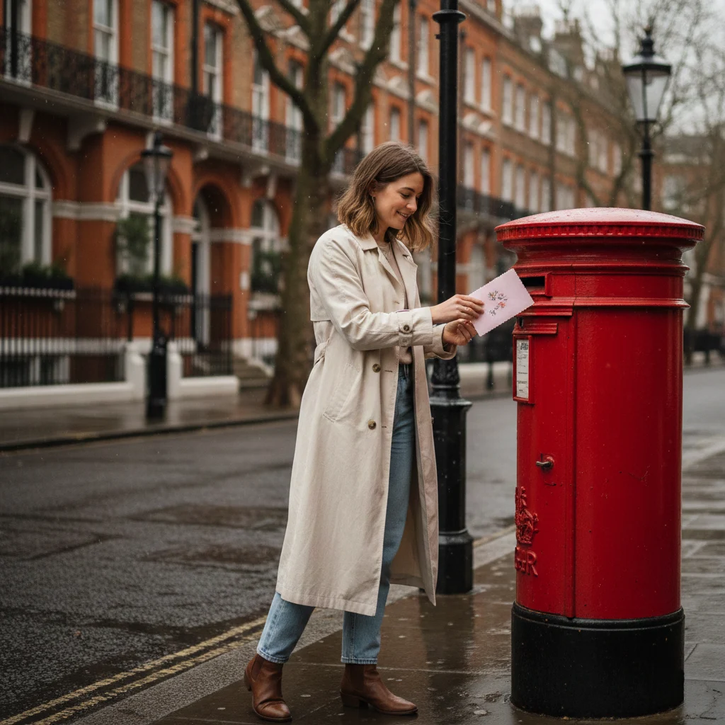 Young woman sending a letter in a typical red London mailbox